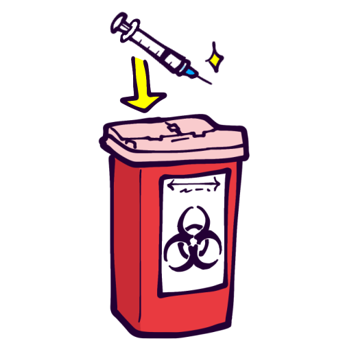 A red sharps container, which is a tall red plastic box labeled with a biohazard symbol. A syringe with a needle is above it, with a yellow arrow going down towards the container. A sparkle highlights the sharp point of the needle.